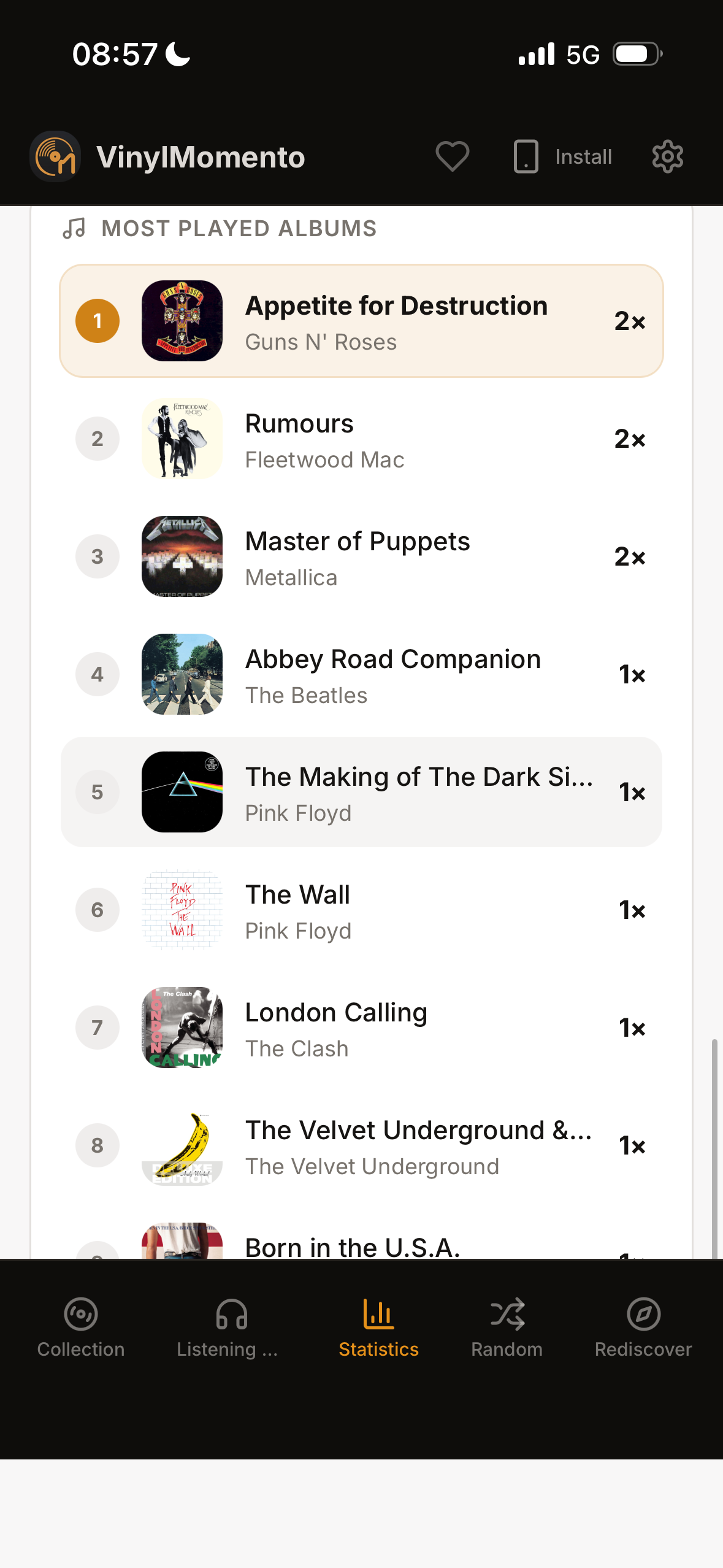 VinylMomento most played albums ranking with album covers and play counts.
