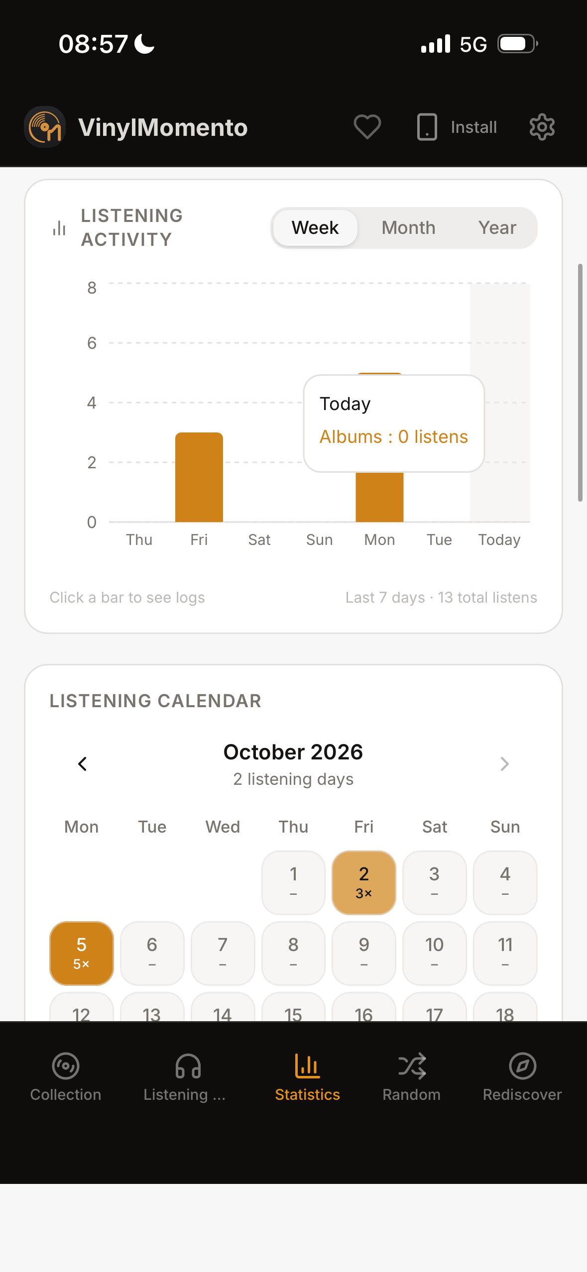 VinylMomento listening activity chart with a Week, Month and Year toggle, above a listening calendar.